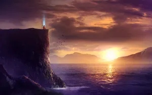 Lone_ Watcher_ Sunset_ Cliff Wallpaper