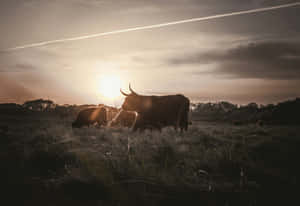 Longhorn Cattle Sunset Silhouette Wallpaper