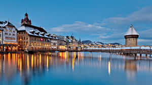 Lucerne Waterfront Twilight Reflections Wallpaper