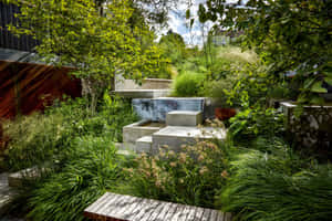 Lush Green Garden With Serene Water Feature Wallpaper