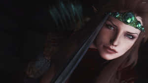 Lydia, The Loyal Housecarl, In Action Amidst The Breathtaking World Of Skyrim Wallpaper