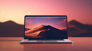 Macbook Air M2on Deskwith Sunset Backdrop Wallpaper