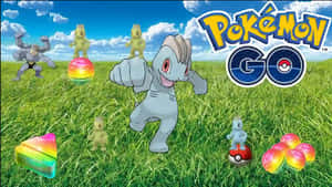 Machop And Machamp Flexing With The Pokemon Go Logo. Wallpaper