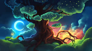 Magical Cartoon Tree Scene Wallpaper