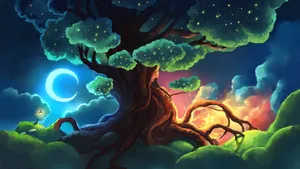Magical Cartoon Tree Scene Wallpaper