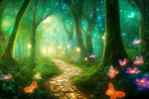 Magical Forest With Glowing Butterflies Wallpaper