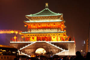Majestic Bell Tower Illuminated At Night In Xian City Wallpaper