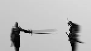 Majestic Black And White Samurai With Sword Wallpaper