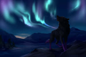 Majestic Black Wolf Aurora Nightscape Wallpaper