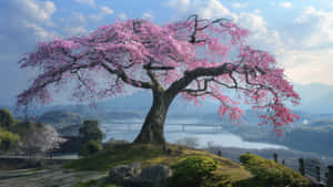 Majestic Cherry Blossom Tree Overlooking River Wallpaper