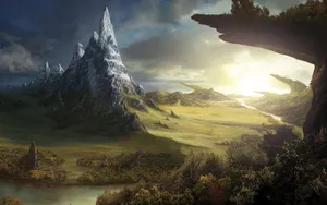 Majestic Dawn: A Fantasy Landscape Wallpaper