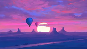 Majestic Desert Sun With Hot Air Balloons Wallpaper