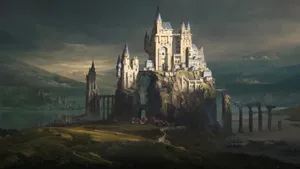 Majestic_ Fantasy_ Castle_ Cliffside Wallpaper