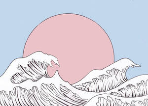 Majestic Japanese Waves With Pink Sun Wallpaper