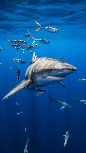 Majestic Mako Shark Swimming With Fish Wallpaper