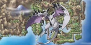 Majestic Mega Aerodactyl Soaring Over Map Wallpaper