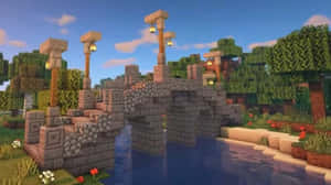 Majestic Minecraft Bridge Amidst A Beautiful Sunset Wallpaper