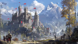 Majestic_ Mountain_ Castle_ Fantasy_ Scene Wallpaper