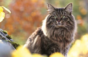 Majestic Norwegian Forest Cat Relaxing In Nature Wallpaper