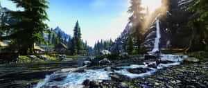 Majestic Skyrim Landscape At Dusk Wallpaper