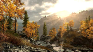 Majestic Skyrim Landscape At Sunset Wallpaper