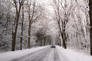 Majestic Snowy Road Scene Wallpaper