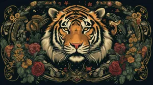 Majestic_ Tiger_ Floral_ Artwork Wallpaper