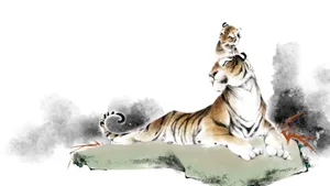 Majestic Tiger In Chinese Watercolor Wallpaper