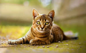 Majestic Toyger Cat Resting On A Wooden Surface Wallpaper
