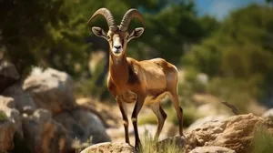 Majestic Urial Standingon Rocks Wallpaper