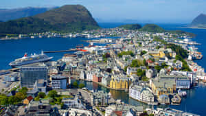 Majestic View Of Alesund Skyline At Sunset, Norway Wallpaper