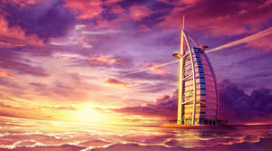 Majestic View Of Burj Al Arab Under The Enchanting Pink Sky Wallpaper