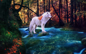 Majestic White Wolf In A Snowy Landscape Wallpaper