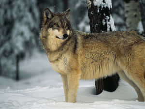 Majestic White Wolf In Snowy Winter Forest Wallpaper