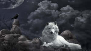 Majestic White Wolf Moonlit Night Wallpaper