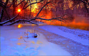 Majestic Winter Sunset Over Snowy Landscape Wallpaper