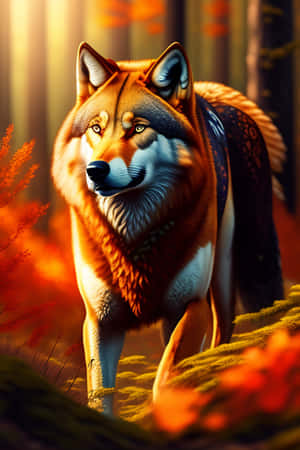 Majestic Wolf Amidst The Autumn Foliage Wallpaper