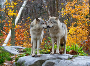 Majestic Wolf In A Vibrant Autumn Forest. Wallpaper