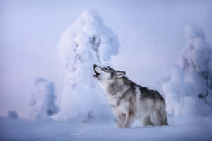 Majestic Wolf Roaming Through A Snowy Landscape Wallpaper