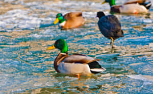 Mallard Ducks On Icy Water Wallpaper