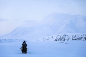 Man In Glaciers Of Svalbard Wallpaper