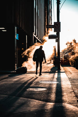 Man Walking City Morning Wallpaper