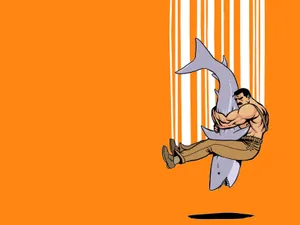 Man Wrestling Shark Illustration Wallpaper