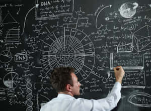 Man Writing Scientific Formulason Blackboard Wallpaper