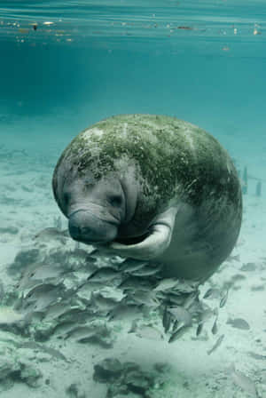 Manatee Surrounded By Fish Underwater.jpg Wallpaper