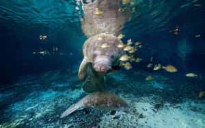 Manatee Surrounded By Fish Underwater Wallpaper