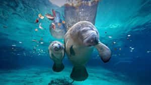 Manatees Swimming Underwater Crystal Clear Water Wallpaper