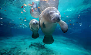 Manatees Swimming Underwater Wallpaper