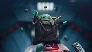 Mandalorian Yoda Eating Green Burgers Wallpaper