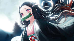 Manga Character Cute Nezuko Kamado With Glowing Moon Wallpaper